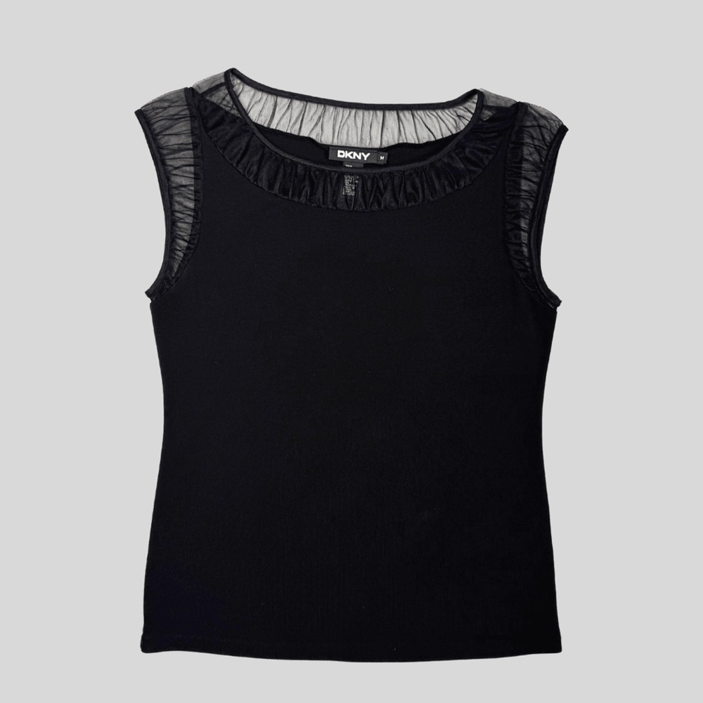 DKNY Black Sleeveless Top with Sheer Ruffle Mesh Neckline
